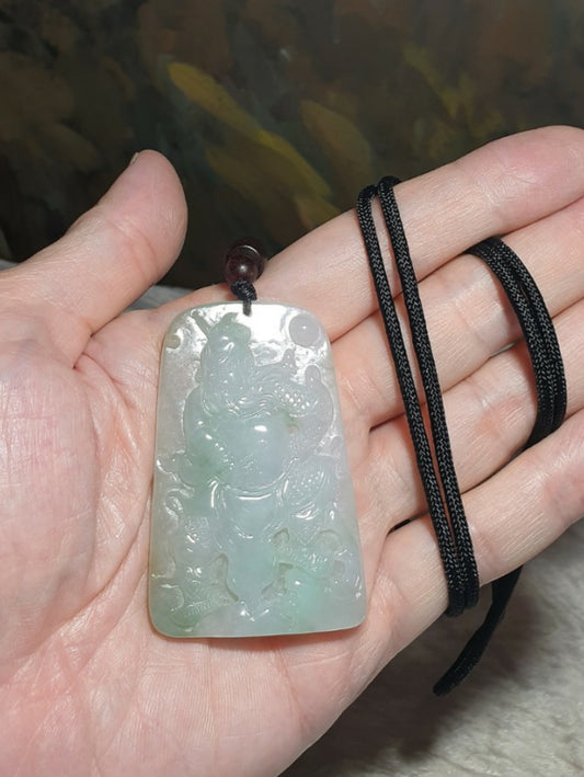 Type A Jadeite Icy light greenish Guan Gong (Guan Yu) Jade pendant (with certificate) [Natual Crystal] 淡绿翡翠冰种关公吊坠(带证书)