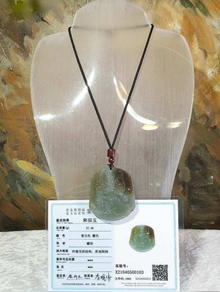 Premium natural untreated brownish greenish Nephrite Guan Gong pendant (with certificate) [Natual Crystal] 和田玉且未料青白糖玉关公吊坠(带证书)