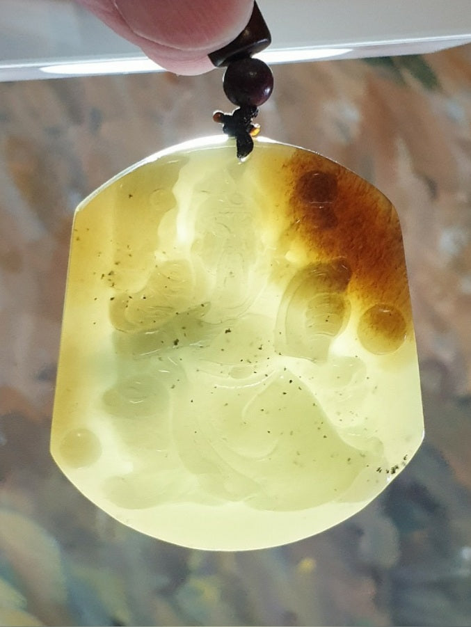 Premium natural untreated brownish greenish Nephrite Guan Gong pendant (with certificate) [Natual Crystal] 和田玉且未料青白糖玉关公吊坠(带证书)