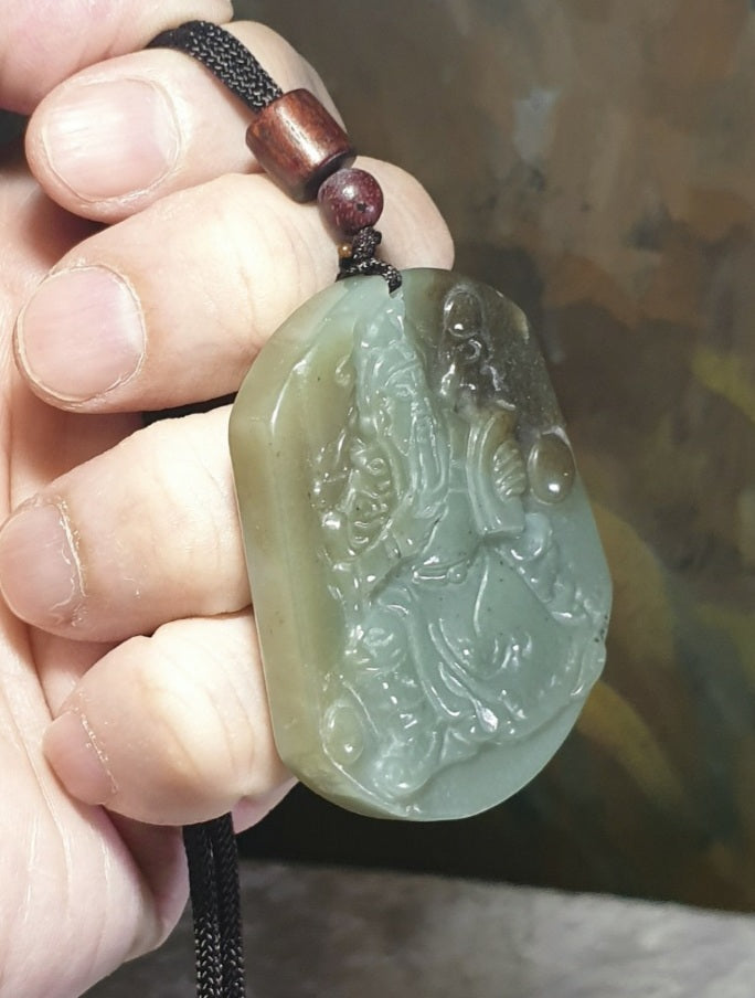 Premium natural untreated brownish greenish Nephrite Guan Gong pendant (with certificate) [Natual Crystal] 和田玉且未料青白糖玉关公吊坠(带证书)