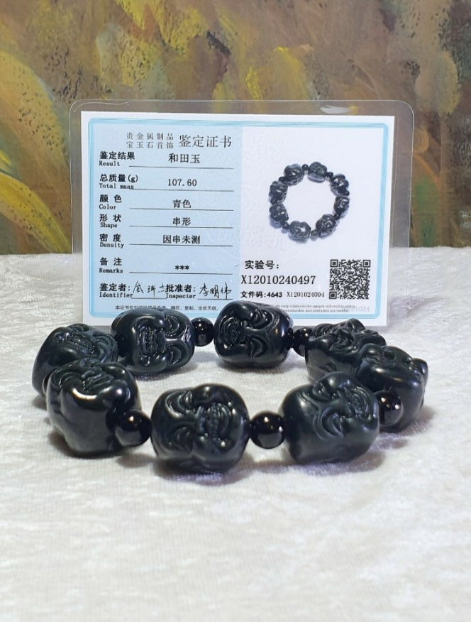 Premium deep olive green Nephrite double sides carved Laughing Buddha bracelet/handheld (with certificate) [Natural Crystal] 和田玉深橄榄绿双面雕刻笑佛(弥勒佛)手链/手持(带证书)