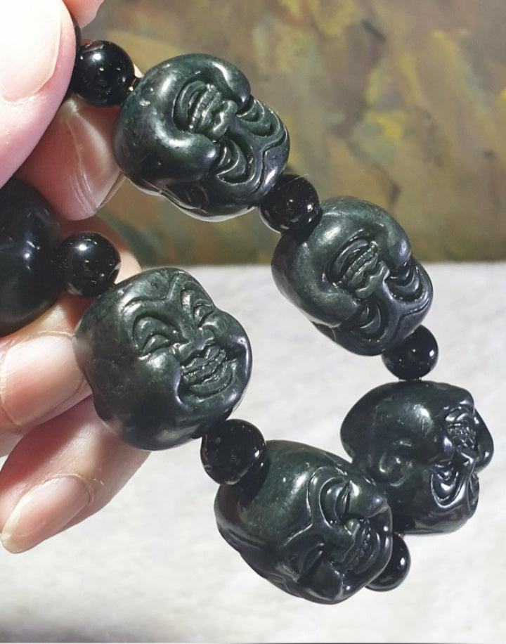 Premium deep olive green Nephrite double sides carved Laughing Buddha bracelet/handheld (with certificate) [Natural Crystal] 和田玉深橄榄绿双面雕刻笑佛(弥勒佛)手链/手持(带证书)