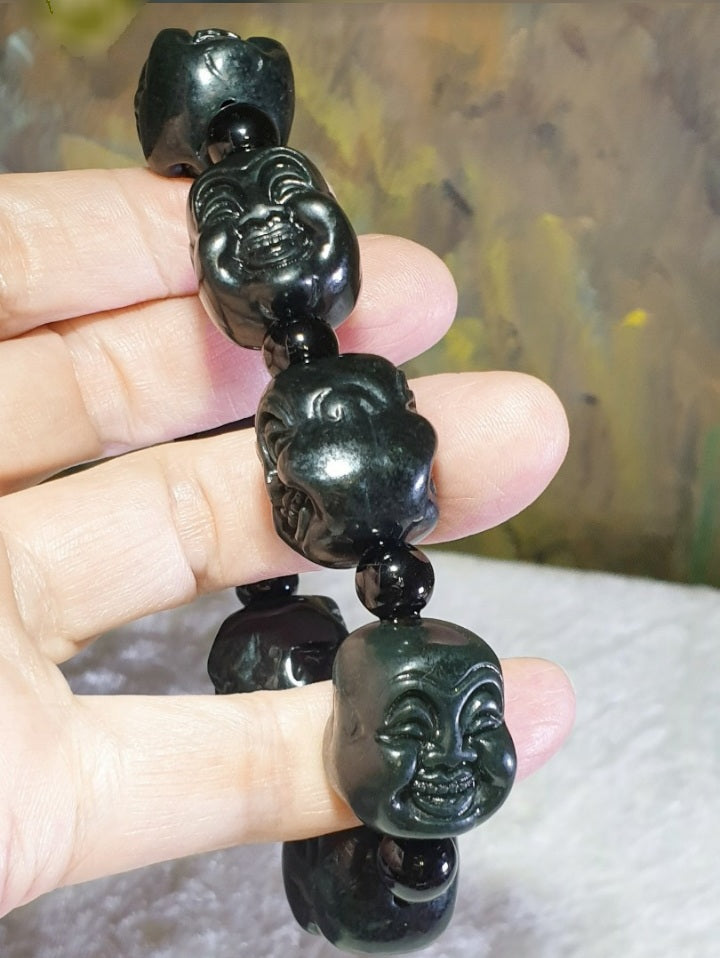 Premium deep olive green Nephrite double sides carved Laughing Buddha bracelet/handheld (with certificate) [Natural Crystal] 和田玉深橄榄绿双面雕刻笑佛(弥勒佛)手链/手持(带证书)