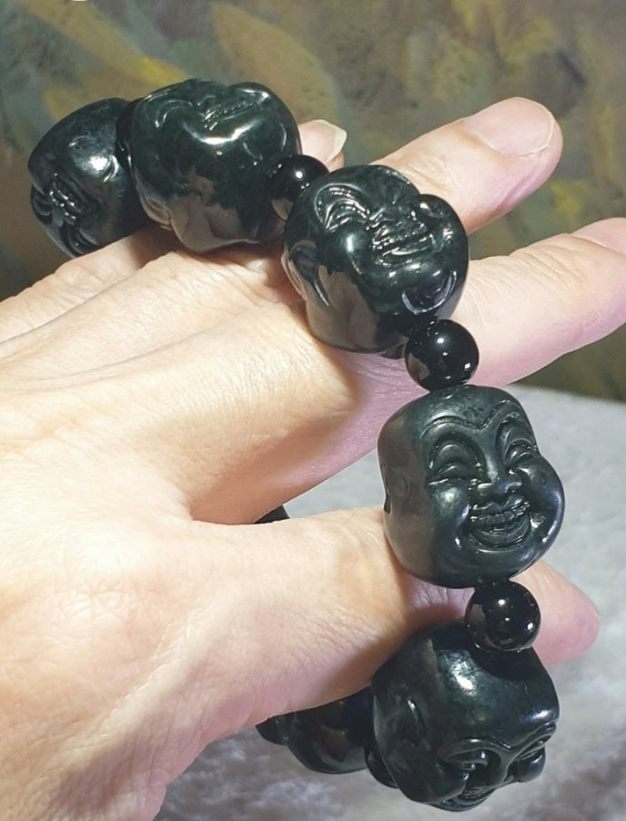 Premium deep olive green Nephrite double sides carved Laughing Buddha bracelet/handheld (with certificate) [Natural Crystal] 和田玉深橄榄绿双面雕刻笑佛(弥勒佛)手链/手持(带证书)