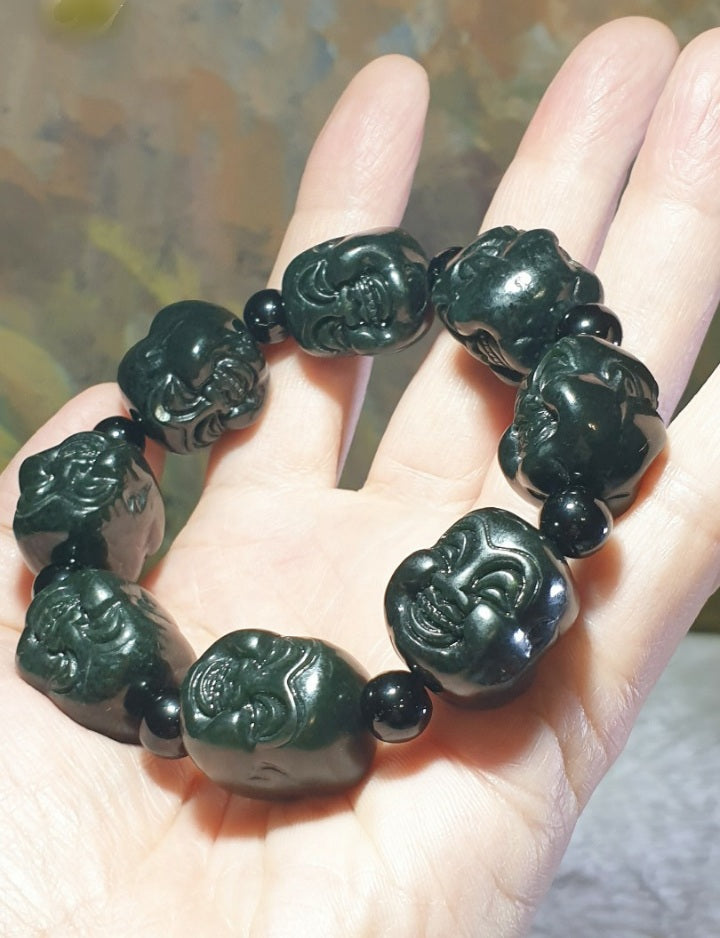 Premium deep olive green Nephrite double sides carved Laughing Buddha bracelet/handheld (with certificate) [Natural Crystal] 和田玉深橄榄绿双面雕刻笑佛(弥勒佛)手链/手持(带证书)