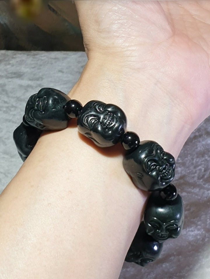 Premium deep olive green Nephrite double sides carved Laughing Buddha bracelet/handheld (with certificate) [Natural Crystal] 和田玉深橄榄绿双面雕刻笑佛(弥勒佛)手链/手持(带证书)