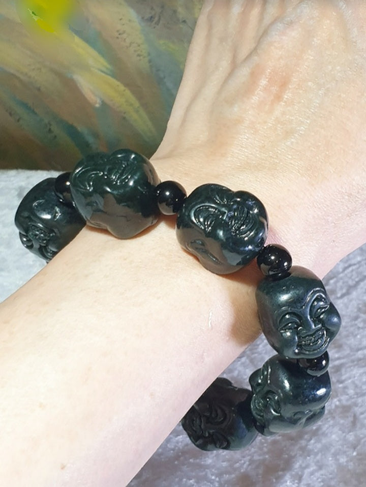 Premium deep olive green Nephrite double sides carved Laughing Buddha bracelet/handheld (with certificate) [Natural Crystal] 和田玉深橄榄绿双面雕刻笑佛(弥勒佛)手链/手持(带证书)