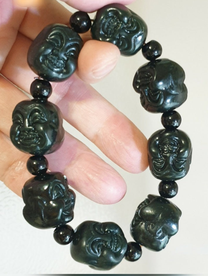 Premium deep olive green Nephrite double sides carved Laughing Buddha bracelet/handheld (with certificate) [Natural Crystal] 和田玉深橄榄绿双面雕刻笑佛(弥勒佛)手链/手持(带证书)