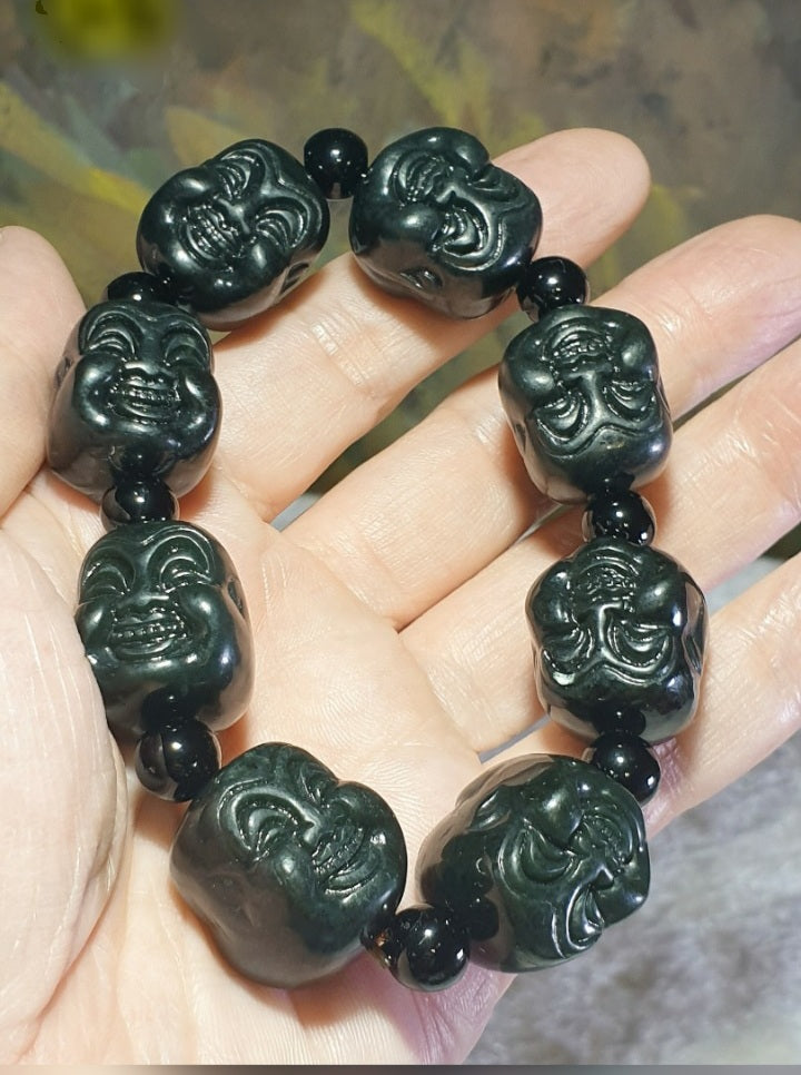 Premium deep olive green Nephrite double sides carved Laughing Buddha bracelet/handheld (with certificate) [Natural Crystal] 和田玉深橄榄绿双面雕刻笑佛(弥勒佛)手链/手持(带证书)