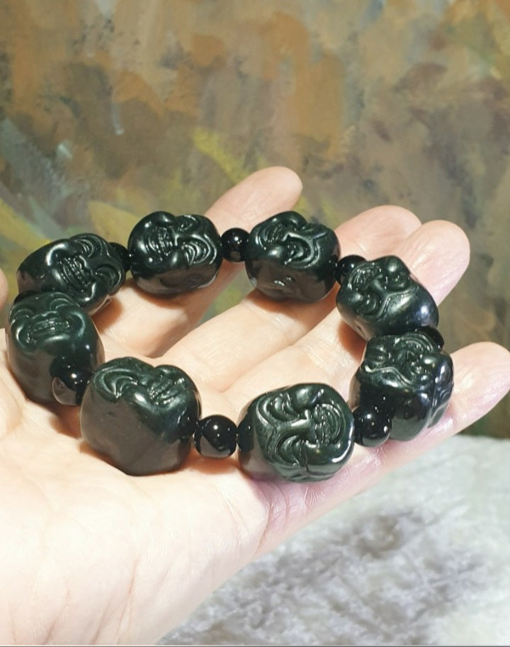 Premium deep olive green Nephrite double sides carved Laughing Buddha bracelet/handheld (with certificate) [Natural Crystal] 和田玉深橄榄绿双面雕刻笑佛(弥勒佛)手链/手持(带证书)