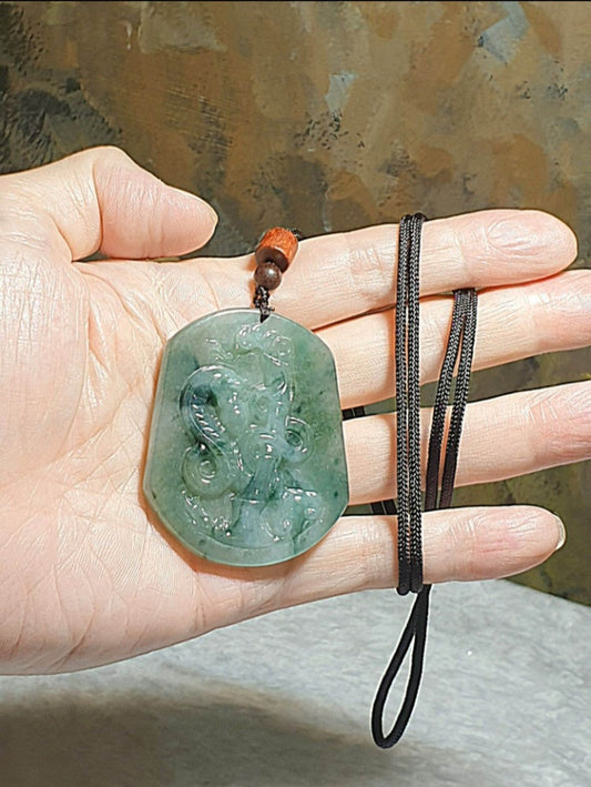 Natural untreated Burma Jade (Type A Jadeite) light greenish spindrift Snake, Bamboo, Ancient Coins and Ruyi pendant (with certificate) [Natural Crystal] 翡翠冰种淡绿飘花蛇、竹、铜钱、如意吊坠(带证书)