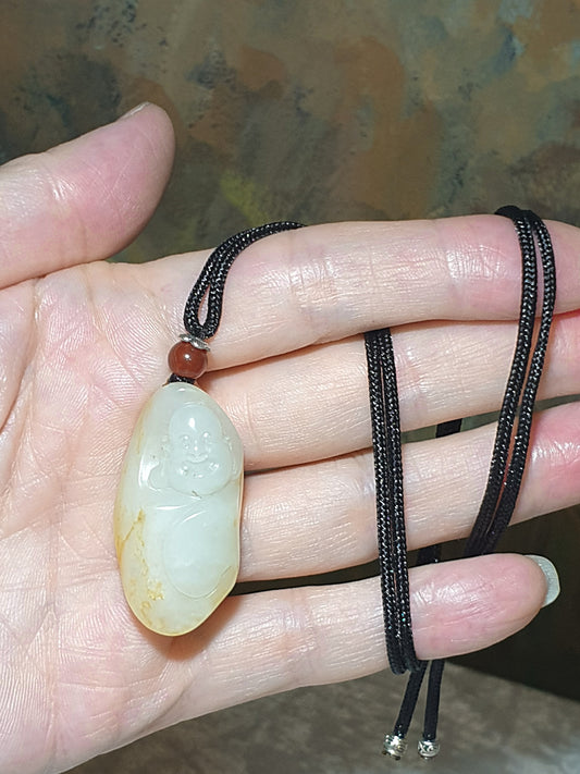 Hetian White Pebble Nephrite with golden yellow "Jade skin" Laughing  Buddha Jade pendant (with certificate) [Natural Crystal] 和田玉籽玉润白带洒金黄(黄沁皮)弥勒佛笑佛吊坠(带证书)