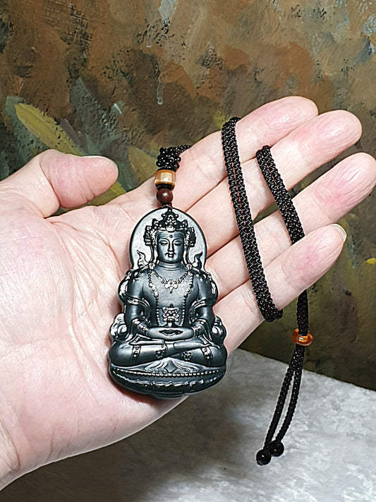 Premium deep greenish Nephrite double sides cravings Green Tara (Guan Yin) and Om Mani Padme Hum Jade pendant/handheld (with certificate) [Natural Crystal] 和田玉塔青墨绿双面雕刻绿度母(观音)六字真言吊坠/手把(带证书)