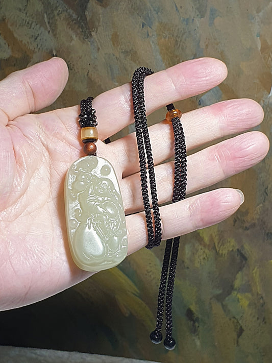 Premium light greenish Nephrite Laughing Buddha, Bat, Treasure Bag and Hulu Jade pendant (with certificate) [Natural Crystal] 优质和田玉青海料青白玉布袋佛蝙蝠葫芦吊坠(带证书)