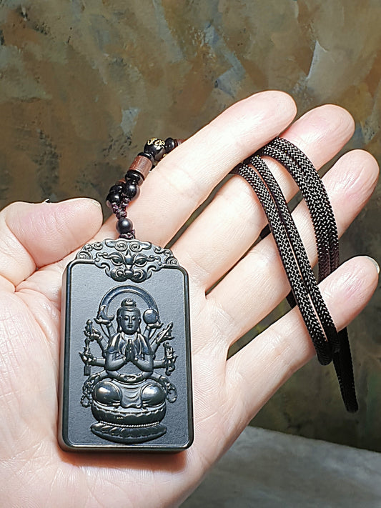 Premium deep greenish Nephrite double sides cravings "Thousands Hands" Guan Yin Rat Ancient Coins and Pi Xiu Jade pendant/handheld (with certificate) [Natural Crystal] 和田玉塔青墨绿双面雕刻千手观音(合生肖鼠)、鼠铜钱(数钱)、貔貅吊坠/手把(带证书)