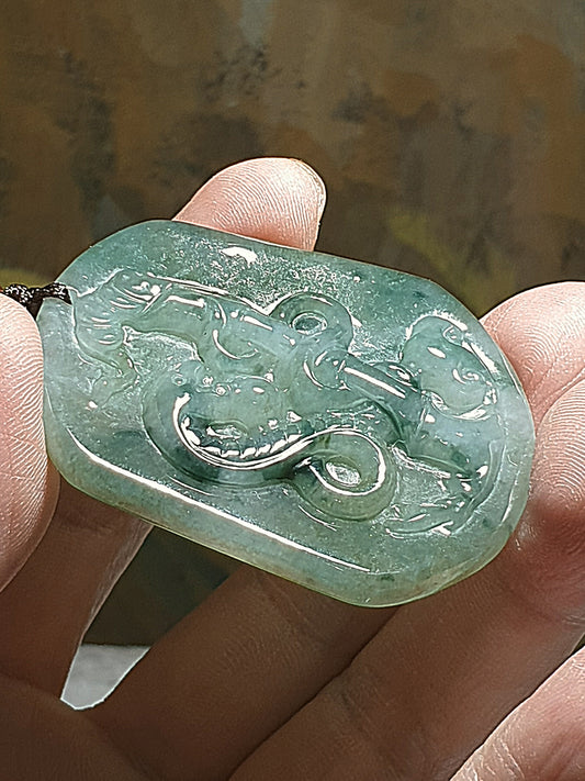 Natural untreated Burma Jade (Type A Jadeite) light greenish spindrift Snake, Bamboo, Ancient Coins and Ruyi pendant (with certificate) [Natural Crystal] 翡翠冰种淡绿飘花蛇、竹、铜钱、如意吊坠(带证书)