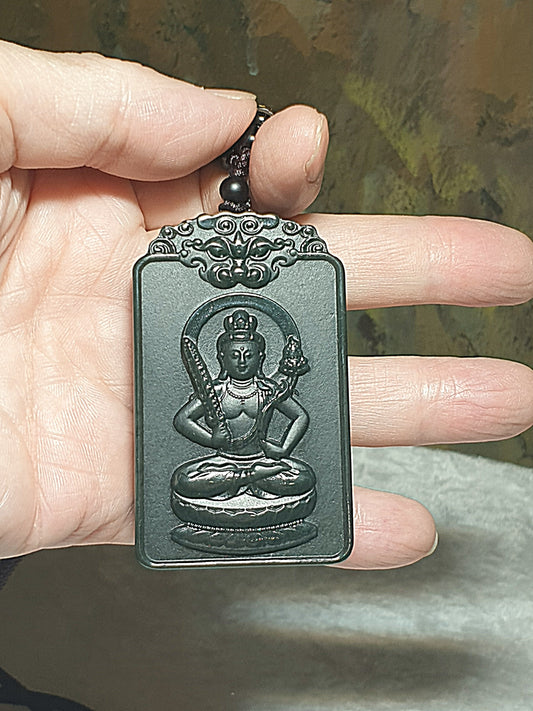 Premium deep greenish Nephrite double sides cravings  Akasagarbha (guardian for zodiac sign Ox & Tiger) and Pi Xiu Jade pendant/handheld (with certificate) [Natural Crystal] 和田玉塔青墨绿双面雕刻虚空藏菩萨(合生肖虎、牛)、虎啸山河、貔貅吊坠/手把(带证书)