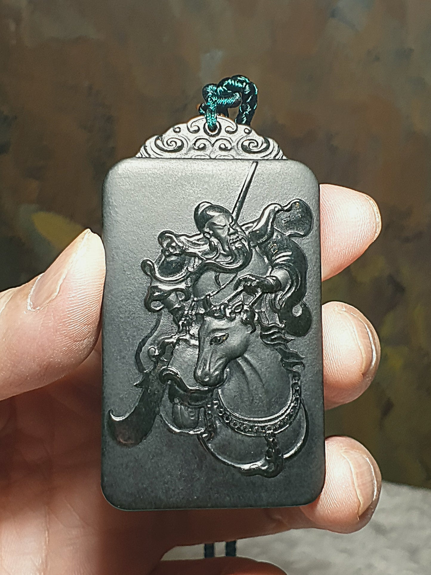 Premium natural ink green Nephrite double sides carvings Heroic Guan Gong (Guan Yu) on horse and Dragon pendant/handheld (with certificate) [Natural Crystal] 和田玉塔青墨绿双面雕刻武财神关公飞龙在天吊坠/手把(带证书) 英姿飒飒 战神过五关斩六将