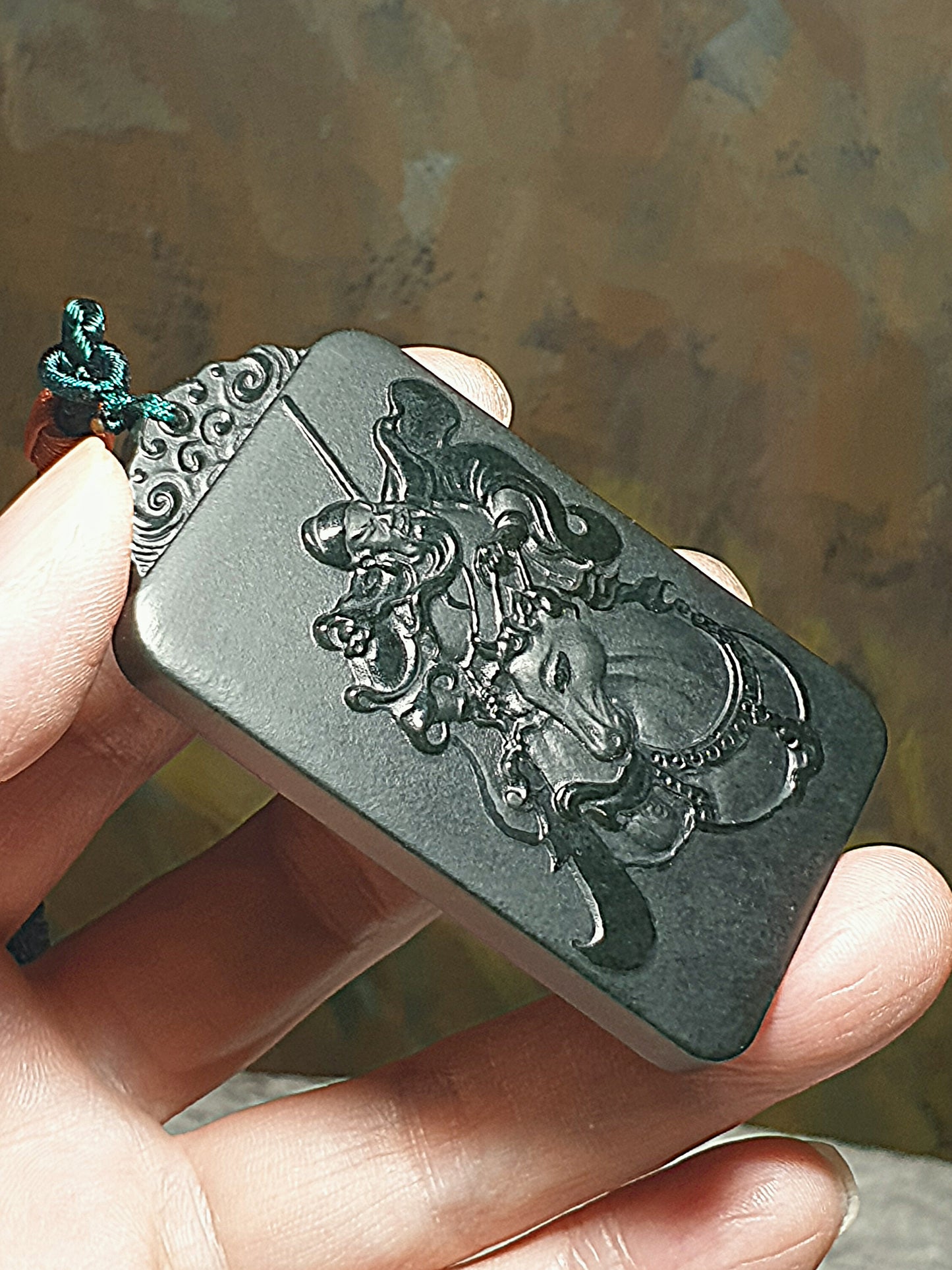 Premium natural ink green Nephrite double sides carvings Heroic Guan Gong (Guan Yu) on horse and Dragon pendant/handheld (with certificate) [Natural Crystal] 和田玉塔青墨绿双面雕刻武财神关公飞龙在天吊坠/手把(带证书) 英姿飒飒 战神过五关斩六将