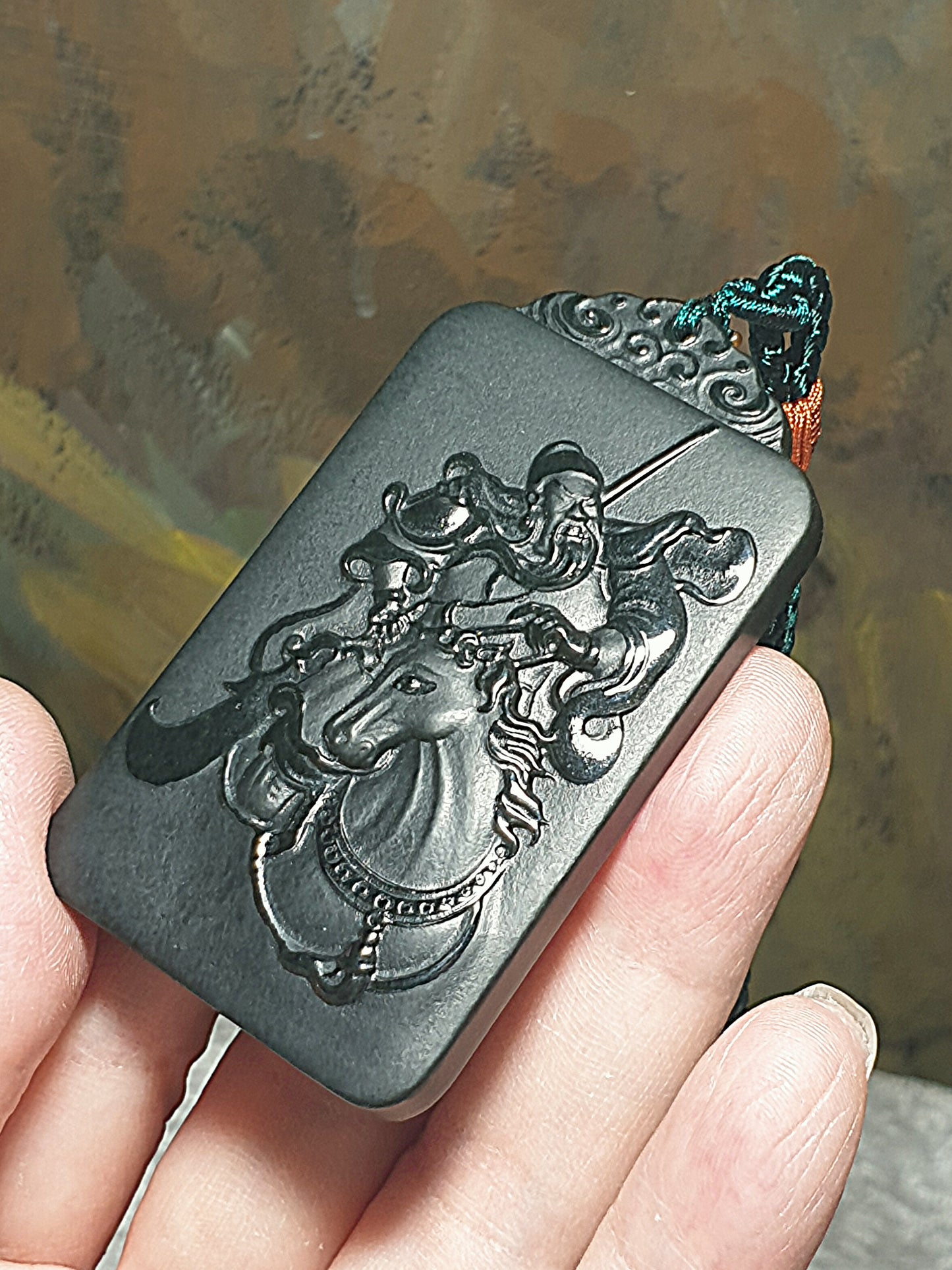 Premium natural ink green Nephrite double sides carvings Heroic Guan Gong (Guan Yu) on horse and Dragon pendant/handheld (with certificate) [Natural Crystal] 和田玉塔青墨绿双面雕刻武财神关公飞龙在天吊坠/手把(带证书) 英姿飒飒 战神过五关斩六将