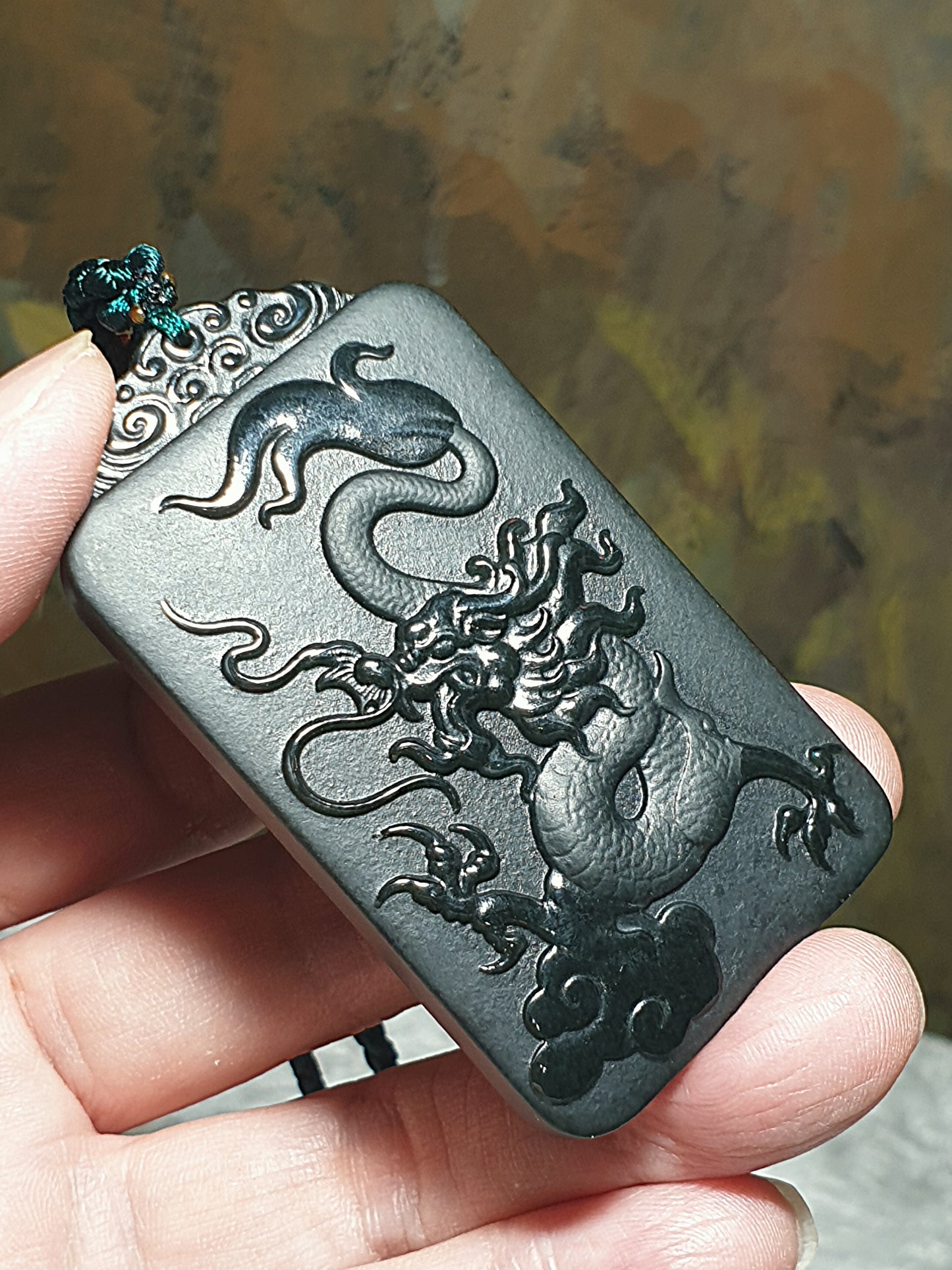 Premium natural ink green Nephrite double sides carvings Heroic Guan Gong (Guan Yu) on horse and Dragon pendant/handheld (with certificate) [Natural Crystal] 和田玉塔青墨绿双面雕刻武财神关公飞龙在天吊坠/手把(带证书) 英姿飒飒 战神过五关斩六将