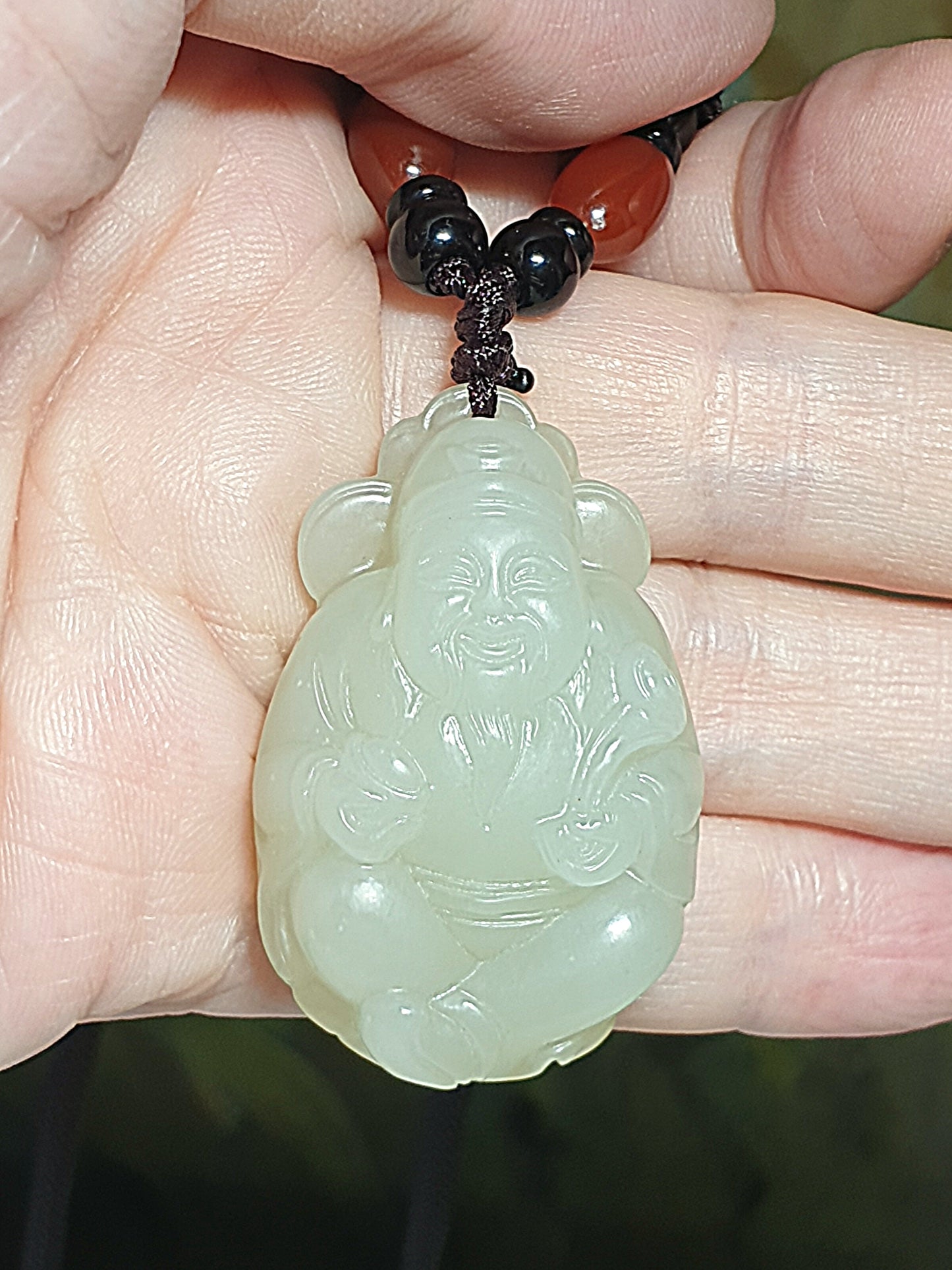 Light greenish light yellowish Nephrite with lucky "Water Wave" lines and a hint of purplish carved God of Wealth Ruyi Ingot Jade pendant (with certificate) 和田玉元宝如意财神吊坠淡黄淡绿带发财水线少许淡紫(带证书)