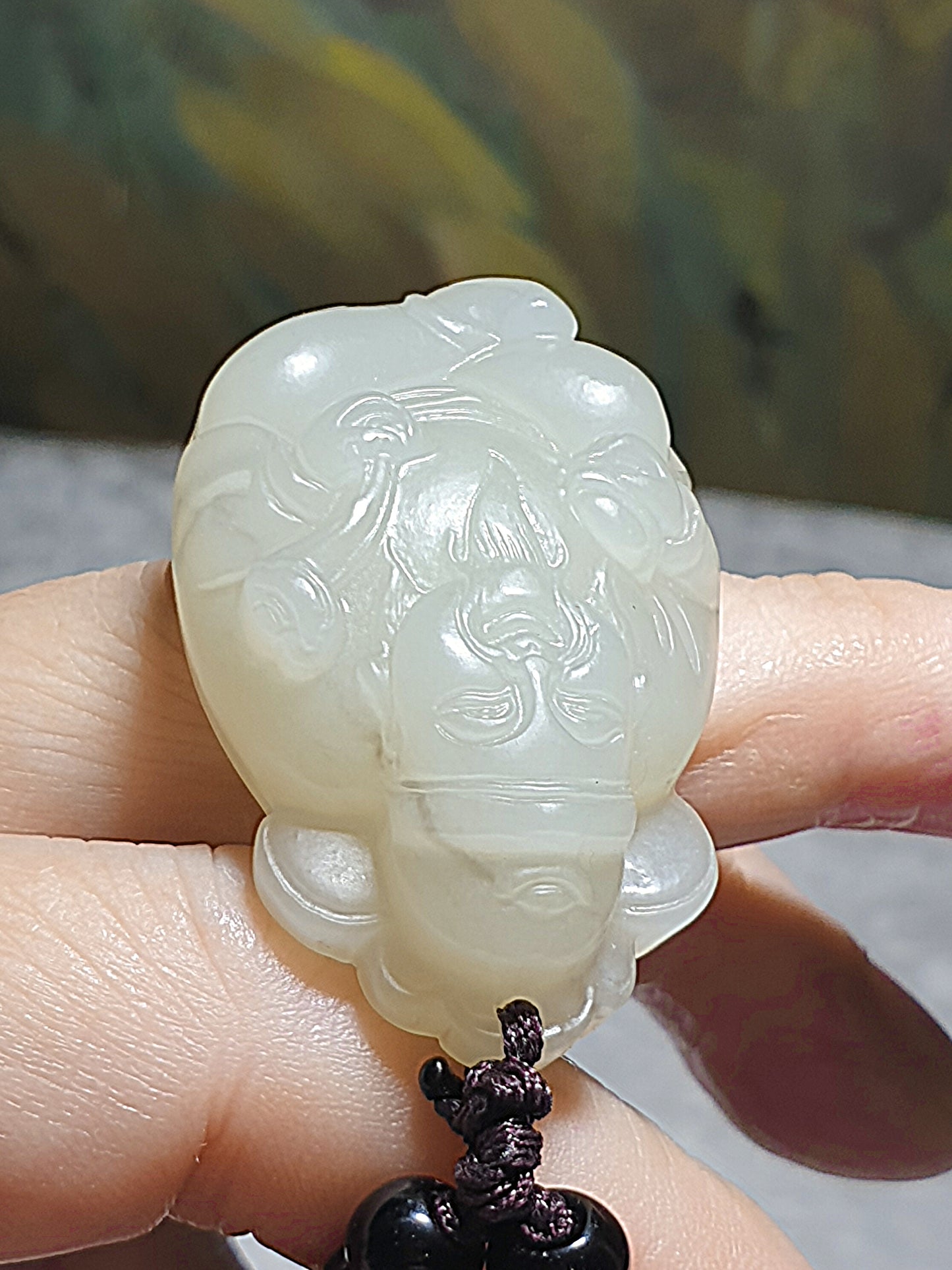 Light greenish light yellowish Nephrite with lucky "Water Wave" lines and a hint of purplish carved God of Wealth Ruyi Ingot Jade pendant (with certificate) 和田玉元宝如意财神吊坠淡黄淡绿带发财水线少许淡紫(带证书)