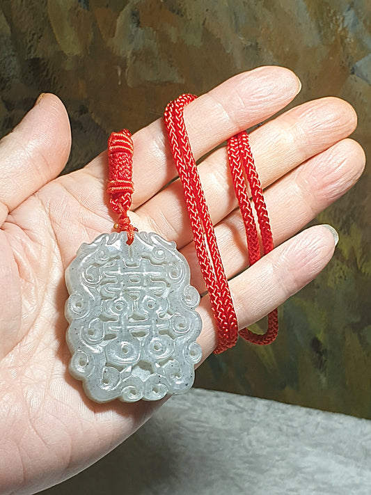 Premium Nephrite carved Dragon & Phoenix and Chinese character 囍 (Double Happiness) Jade pendant (with certificate) 和田玉青花龙凤囍(双喜)吊坠(带证书)