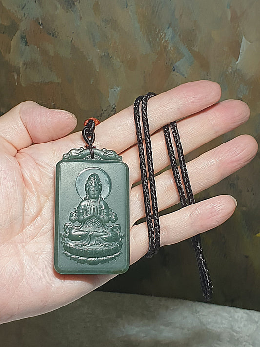 Premium deep green with bluish hue Nephrite double sides carvings Baboo Forest Guan Yin on Lotus Jade pendant/handheld (with certificate) [Natural Crystal] 和田玉且末蓝调双面雕刻端坐莲台竹林观音大士吊坠/手把(带证书)