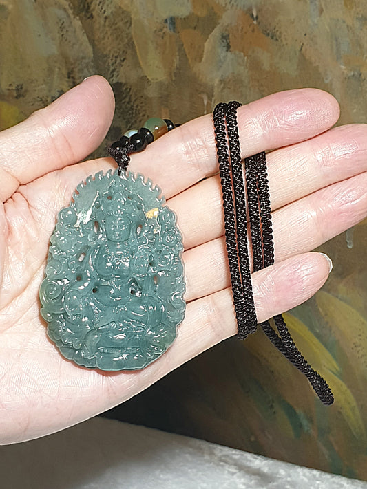 Natural untreated Burma Jade (Type A Jadeite) light bluish light greenish  Green Tara (Guan Yin) Jade pendant/handheld (with certificate) [Natural Crystal] 翡翠淡蓝绿手工雕刻绿度母(观音)吊坠/手把(带证书)