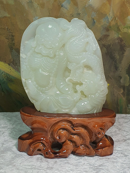 Rare premium large size Nephrite warm white Mahakasyapa (Ji Gong) & dragon Jade carvings (with certificate) 和田玉暖白降龙罗汉(济公)摆件带证书