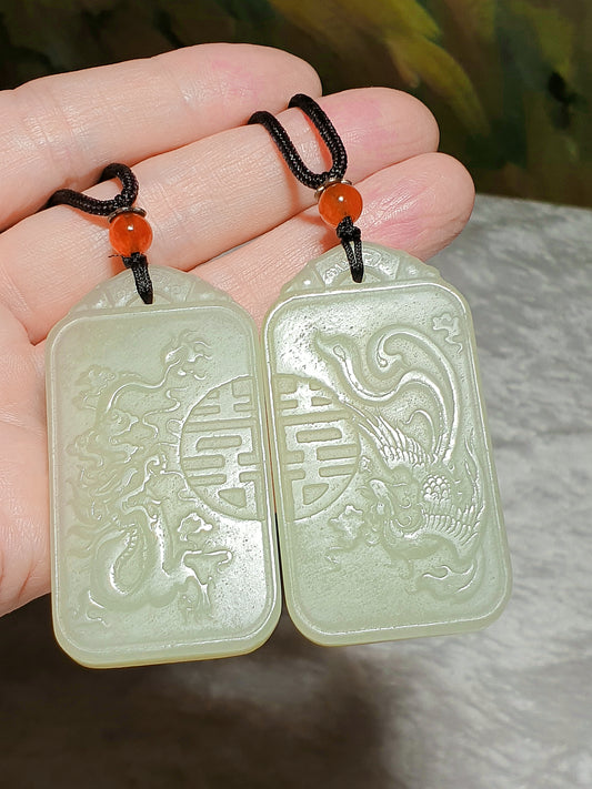 Premium Nephrite old mine light yellowish green old carvings Dragon & Phoenix Double Happiness pendants (set of 2) (with certificate) [Natural Crystal] 和田玉且末老料高青白旧工龙凤双喜(囍)对牌(带证书)