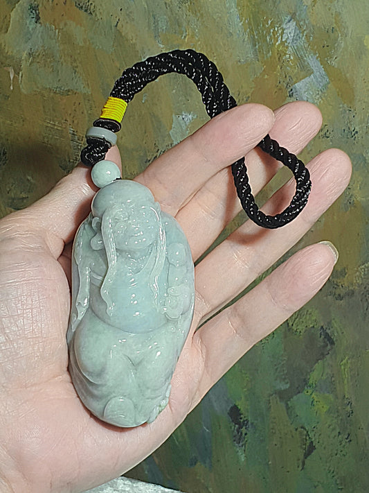 Type A Jadeite light bluish greenish Long Eyebrows Arhat (Pindola Bharadvaja) large size Jade handheld (with certificate) [Natural Crystal] 翡翠淡蓝绿长眉罗汉大手把(带证书)