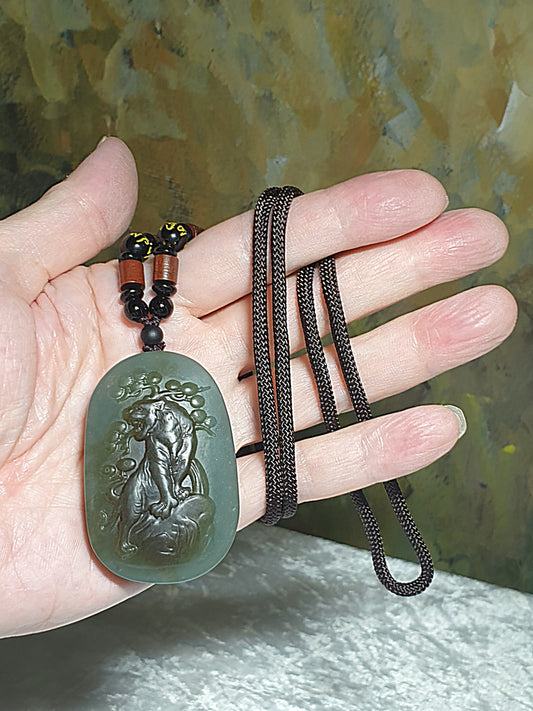 Premium Nephrite natural bicolors caramel brown and greenish Tiger on mountain Jade pendant/handheld (with certificate) [Natural Crystal] 精品和田玉天然双色且末糖深青白巧雕上山虎吊坠/手把(带证书)