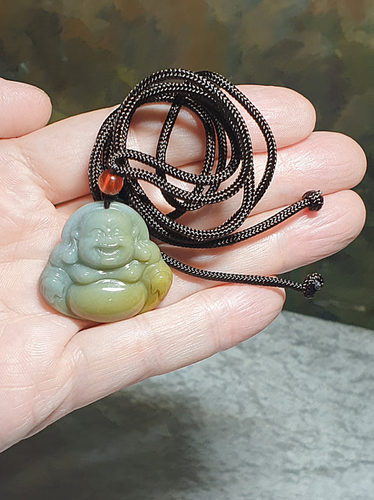 Natural untreated Burma Jade (Type A Jadeite) yellowish light greenish Laughing Buddha pendant (with certificate) [Natural Crystal] 翡翠黄翡淡绿笑佛弥陀吊坠(带证书)