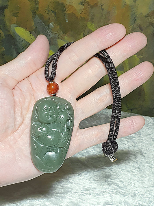 Premium Nephrite light greenish Laughing Buddha Jade handheld/large pendant (with certificate) [Natural Crystal] 和田玉且末淺绿笑佛弥勒佛手把/大吊坠(带证书)