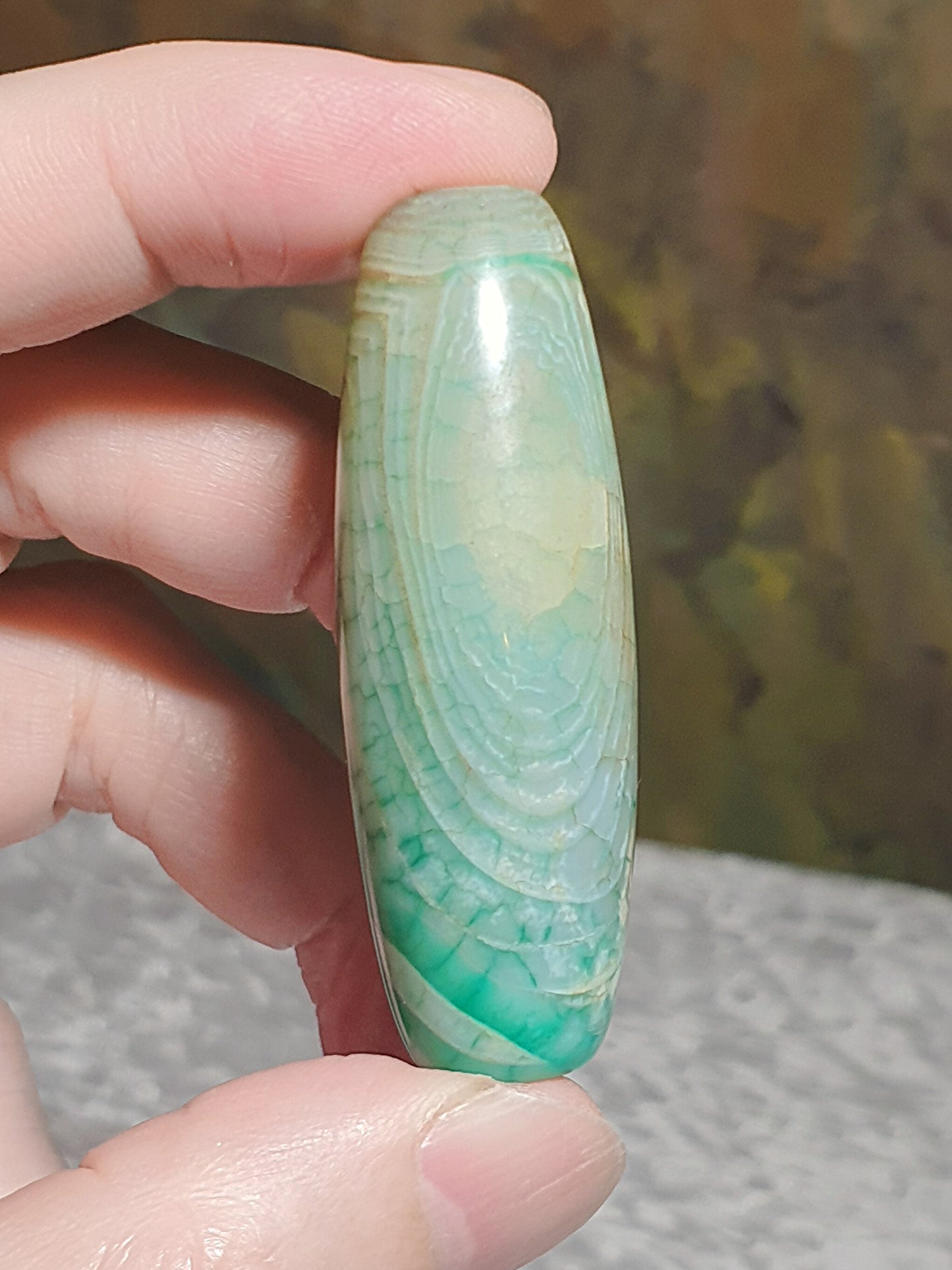 Aged Tibetan Dzi bluish greenish Chalcedony natural pattern natural Eye  (with certificate, free necklace cord) 西藏老蓝绿玉髓天然纹路天眼天珠(带证书送项链绳)