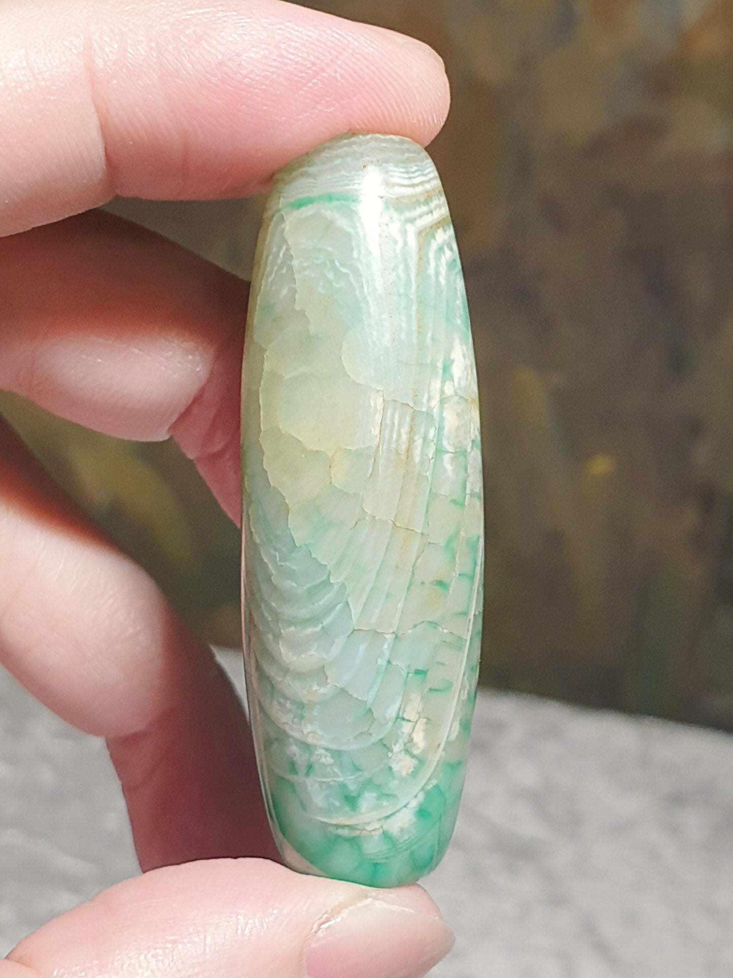 Aged Tibetan Dzi bluish greenish Chalcedony natural pattern natural Eye  (with certificate, free necklace cord) 西藏老蓝绿玉髓天然纹路天眼天珠(带证书送项链绳)