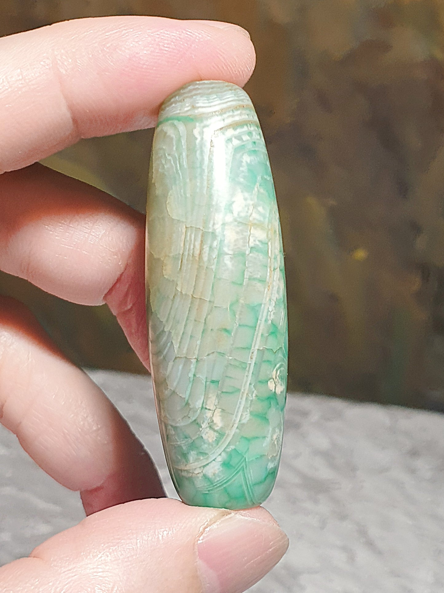 Aged Tibetan Dzi bluish greenish Chalcedony natural pattern natural Eye  (with certificate, free necklace cord) 西藏老蓝绿玉髓天然纹路天眼天珠(带证书送项链绳)