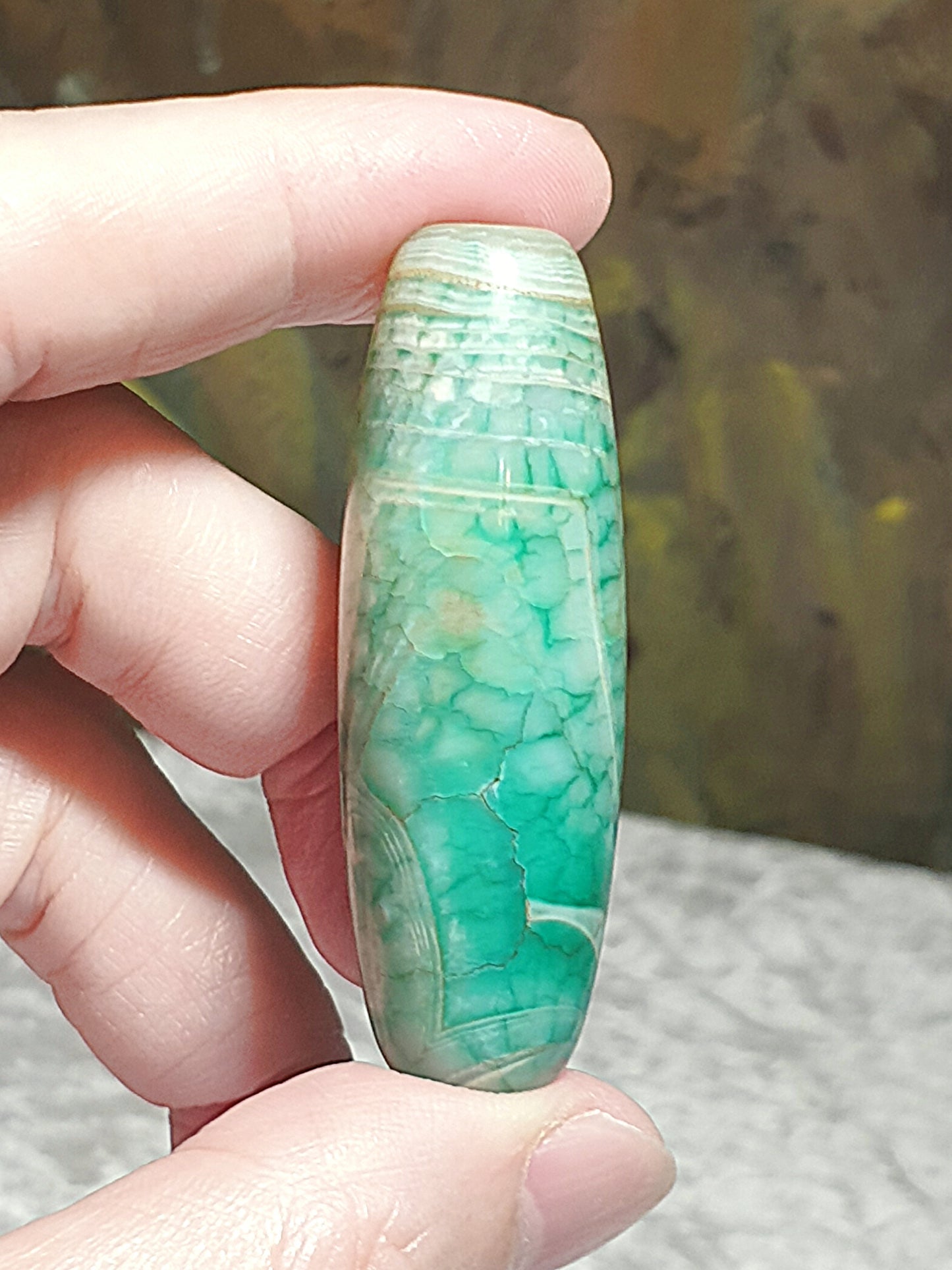 Aged Tibetan Dzi bluish greenish Chalcedony natural pattern natural Eye  (with certificate, free necklace cord) 西藏老蓝绿玉髓天然纹路天眼天珠(带证书送项链绳)