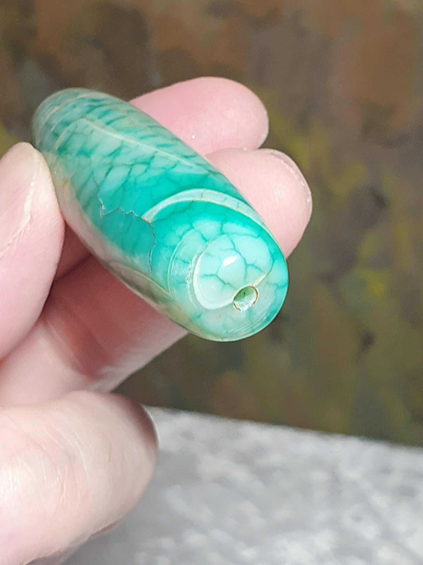 Aged Tibetan Dzi bluish greenish Chalcedony natural pattern natural Eye  (with certificate, free necklace cord) 西藏老蓝绿玉髓天然纹路天眼天珠(带证书送项链绳)