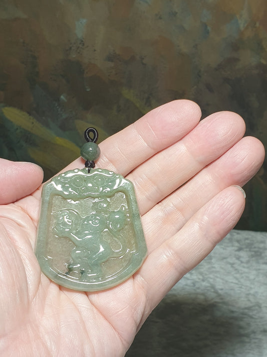 Type A Jadeite icy light green Monkey and Pi Xiu pendant (with certificate) [Natural crystal] 翡翠淡绿冰种貔貅牌头猴子吊坠(带证书)