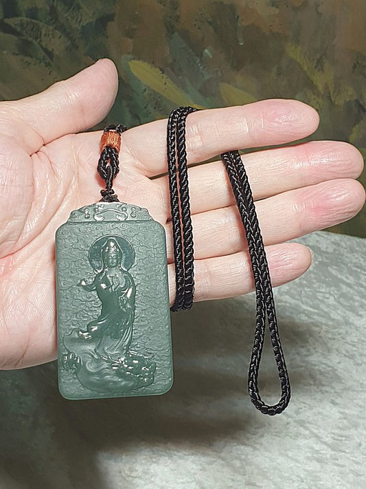 Premium bluish greenish Nephrite double sides cravings Guan Yin Dragon & Auspicious Clouds Jade pendant/handheld (with certificate) [Natural Crystal] 优质和田玉青绿双面雕刻普渡众生祥云御龙观音吊坠/手把(带证书)