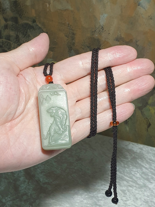 Premium natural untreated light greenish Nephrite Tiger in Landscape Jade pendant (with certificate) [Natual Crystal] 和田玉且末淺青绿山水虎牌(带证书)