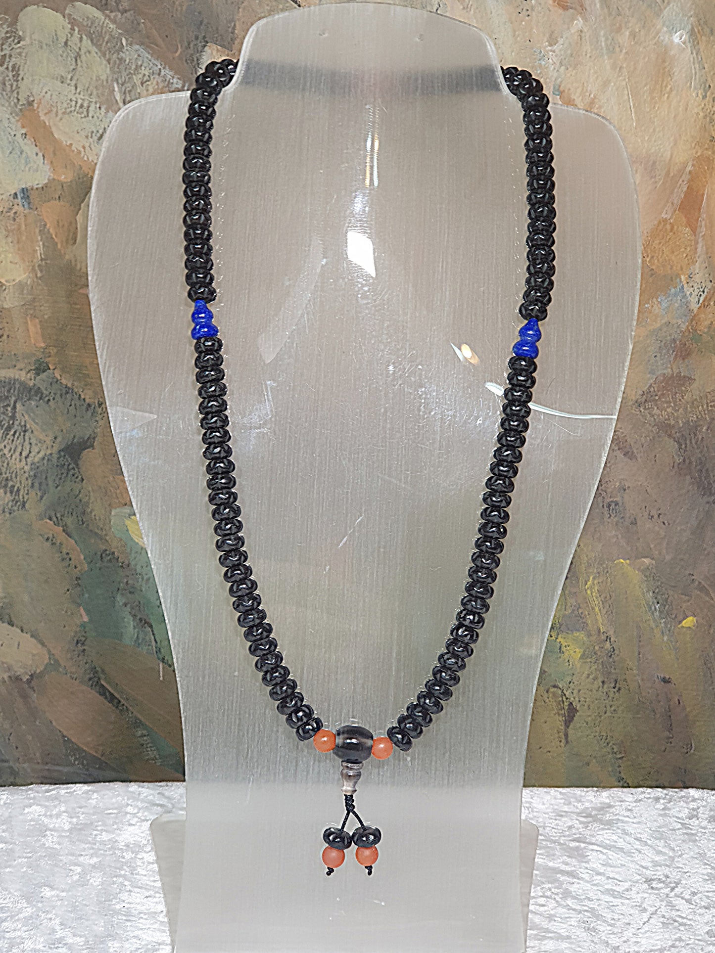 9mm Coconut Pedicel carved Bai Xiang Zi 108 mala necklace with a 10.3mm aged Baoshan Nan Hong carved Bai Xiang Zi, natural untreated Lapis lazuli Hulu and Tibetan Hulu guru bead 9毫米椰蒂雕刻百(柏)香子108念珠项链配10.3毫米老矿保山南红百香籽、原矿青金石葫芦、藏式佛头及7毫米保山南红