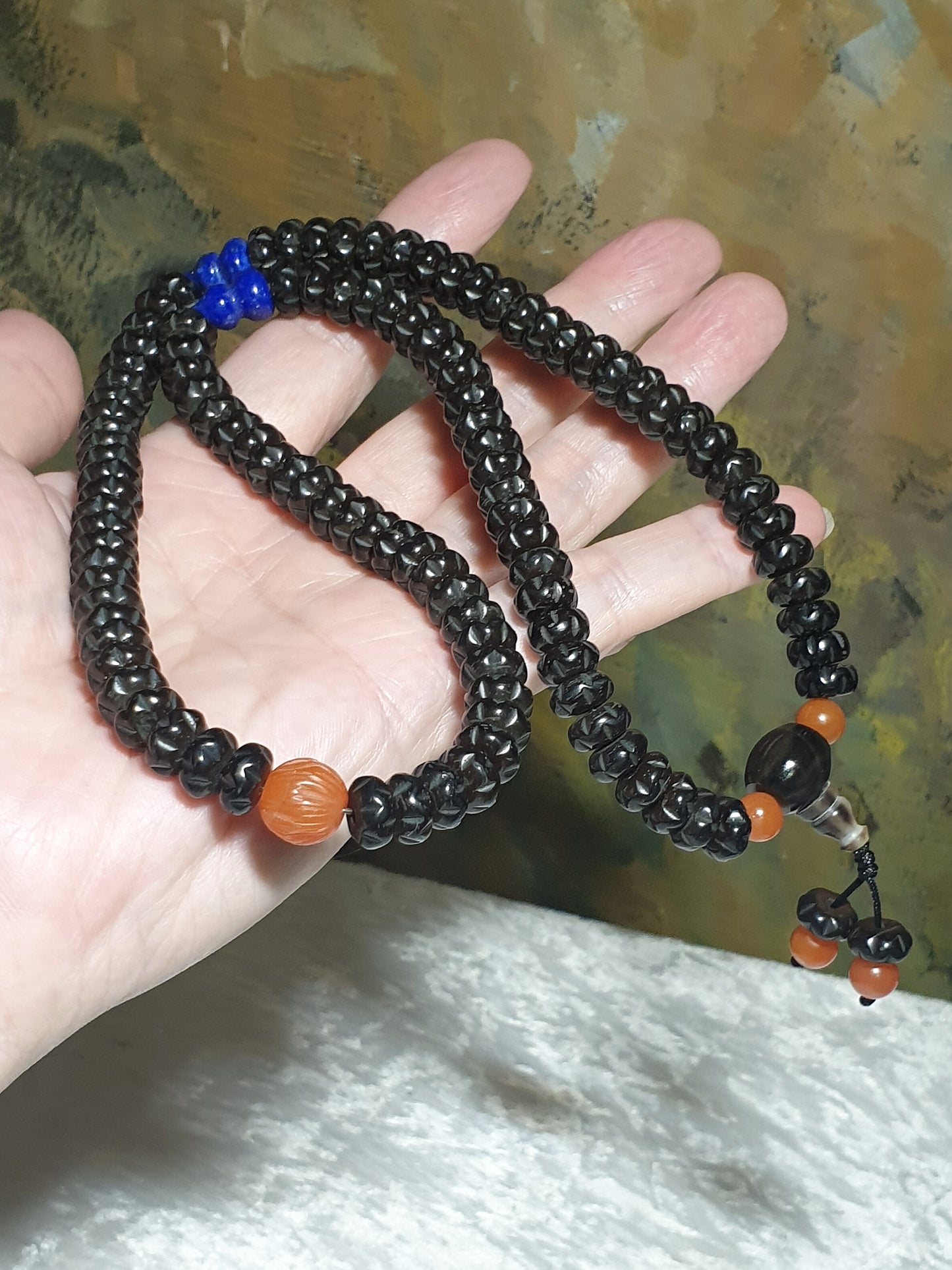 9mm Coconut Pedicel carved Bai Xiang Zi 108 mala necklace with a 10.3mm aged Baoshan Nan Hong carved Bai Xiang Zi, natural untreated Lapis lazuli Hulu and Tibetan Hulu guru bead 9毫米椰蒂雕刻百(柏)香子108念珠项链配10.3毫米老矿保山南红百香籽、原矿青金石葫芦、藏式佛头及7毫米保山南红