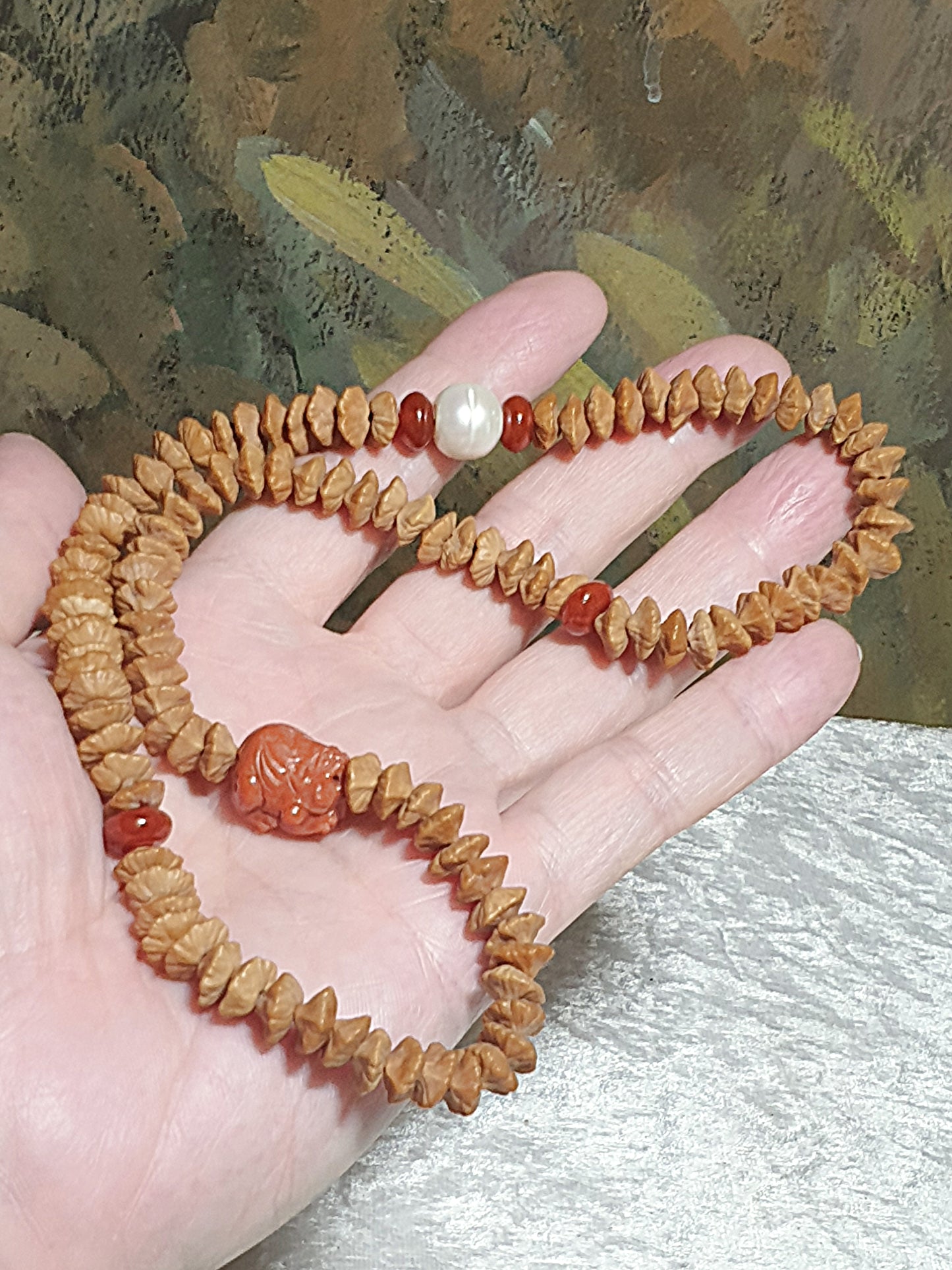 8.3mm "Double sides Lotus" seed (Gold Leaf Bodhi) 108 mala 2 rounds bracelet with natural Fresh Water Pearl and Nan Hong Pi Xiu & abacus beads  8.3毫米天然双面莲花(又名钱串子、金叶菩提、金钱菩提、招财纳福)108念珠绕手两圈手链配天然淡水珍珠、南红貔貅与算盘子