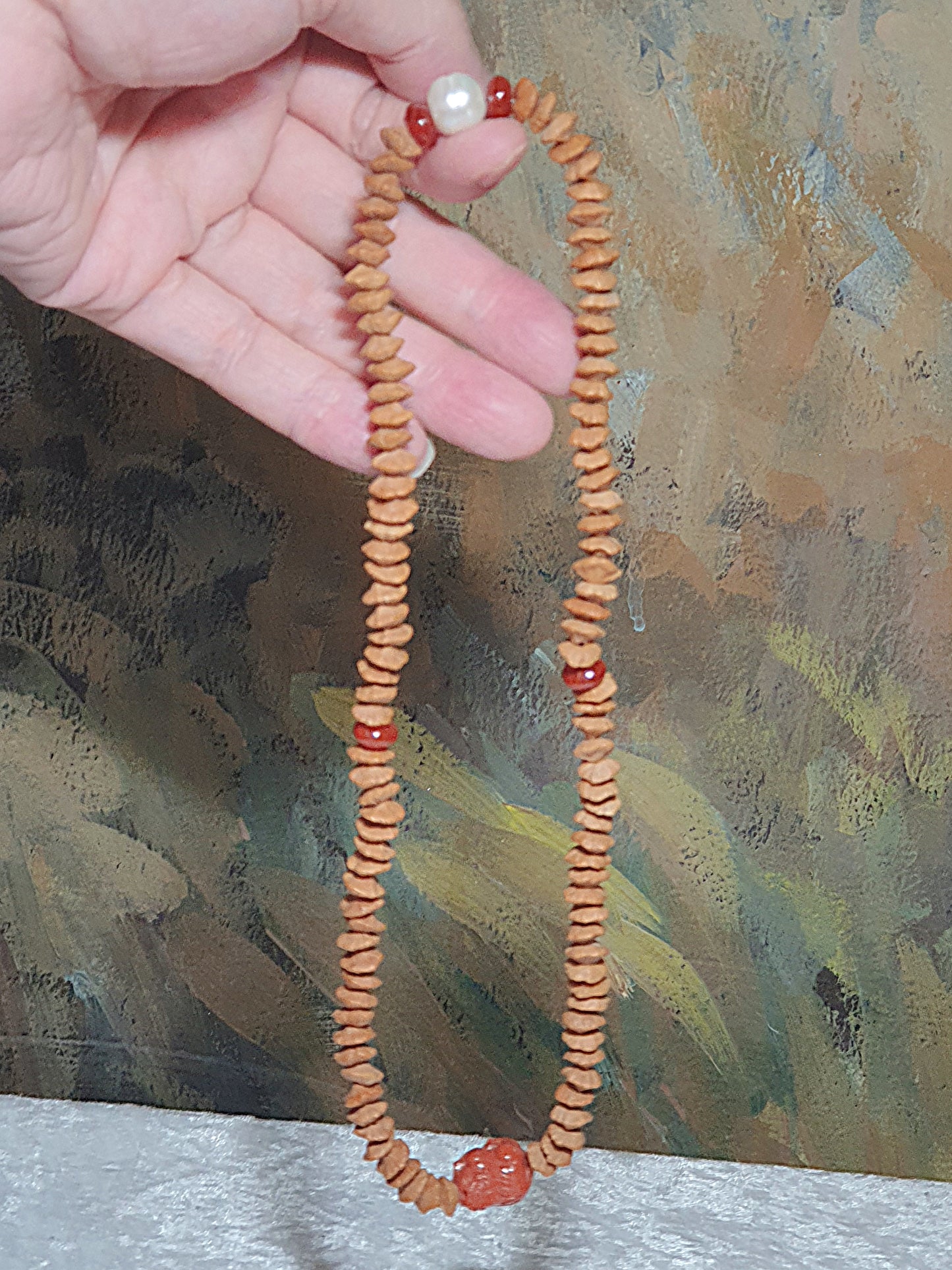 8.3mm "Double sides Lotus" seed (Gold Leaf Bodhi) 108 mala 2 rounds bracelet with natural Fresh Water Pearl and Nan Hong Pi Xiu & abacus beads  8.3毫米天然双面莲花(又名钱串子、金叶菩提、金钱菩提、招财纳福)108念珠绕手两圈手链配天然淡水珍珠、南红貔貅与算盘子