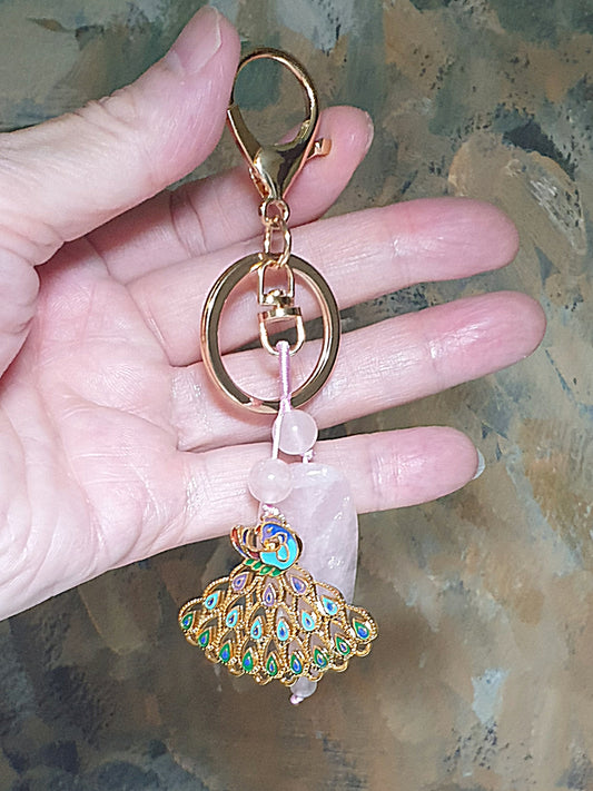 Natural Rose Quartz lucky charm and 24K plated Cloisonne Peacock charm Keychain [Natural Crystal]  纯天然粉晶转运牌配景泰蓝(铜镀24K金)孔雀开屏钥匙扣/小挂件