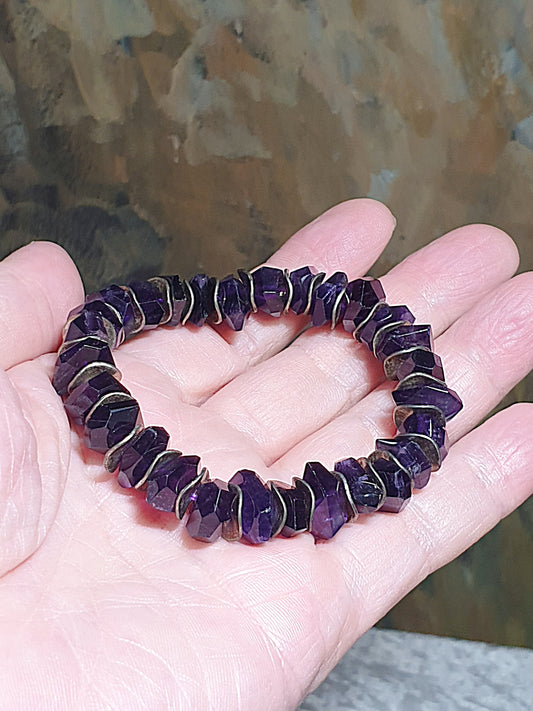 11mm premium natural Uruguay deep purple faceted Amethyst and Pewter spacers  bracelet [Natural Crystal] 11毫米天然乌拉圭深紫切角紫水晶配锡镴隔片手链